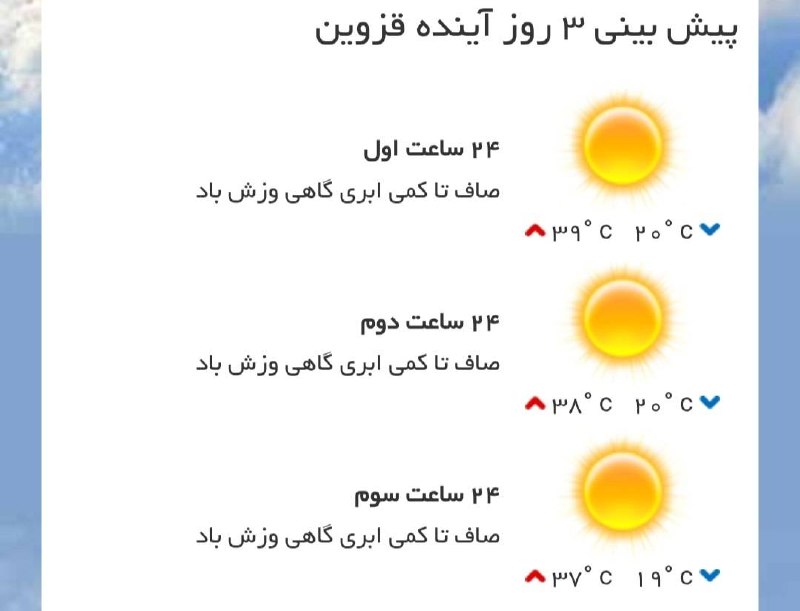 اخبار قزوین: ♦️پیش‌بینی وضع آب و هوای سه روز آینده مرکز استان‌🔹۲۴ ساعت اول (۱۴۰۵/۰۶/۰۳)🔹۲۴ ساعت دوم (۱۴۰۵/۰۶/۰۴)🔹۲۴ ساعت سوم (۱۴۰۵/۰۶