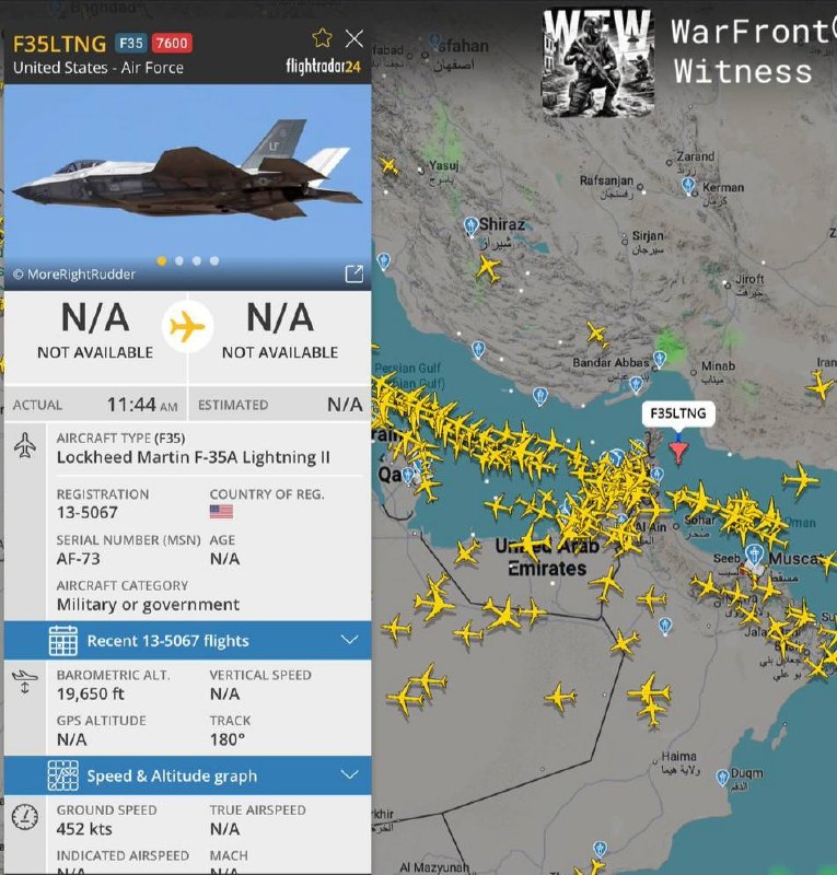 ️🇺🇸🇮🇷 A US Air Force F-35A over the Strait of Hormuz transmits squawk 7600, indicating a radio communication failure.