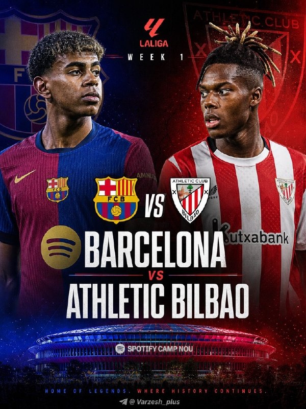 Varzesh+plus | ورزش پلاس: 🤩🤩🤩🤩🤩 هفته اول لالیگای اسپانیا🤩 بارسلونا🆚اتلتیک بیلبائو 🤩▶️ @LiveScore_plus⚡ @Varzesh_Plus