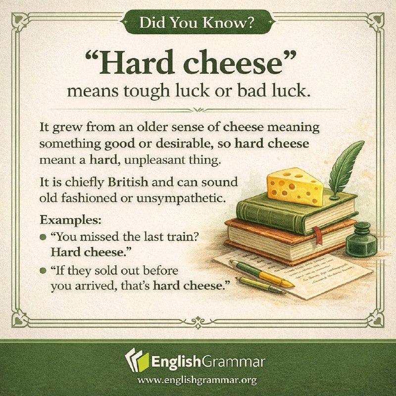 English Language & Grammar: The phrase “hard cheese” refers to an expression meaning bad luck or misfortune. Its usage dates back to British English