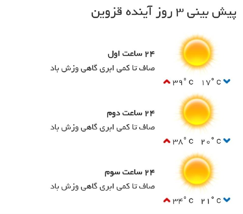 اخبار قزوین: ♦️پیشبینی وضع آب و هوای سه روز آینده مرکز استان🔹۲۴ ساعت اول (۱۴۰۵/۰۵/۲۸)🔹۲۴ ساعت دوم (۱۴۰۵/۰۵/۲۹)🔹۲۴ ساعت سوم (۱۴۰۵/۰۵