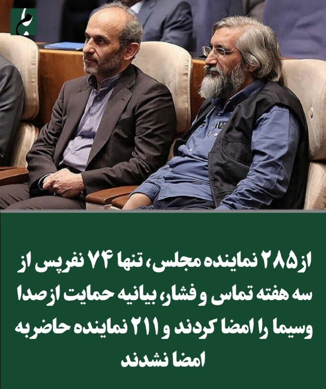 نیوز الیگودرز: 🔴 دست رد ۲۱۱ نماینده به بیانیه حمایت از صداوسیما🔸 شکست مفتضحانه «جلیلی-جبلی» در مجلس؛ از ۲۸۵ نماینده فقط ۷۴ نفر، آن هم پ