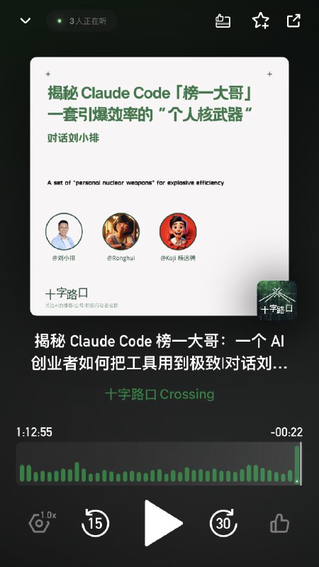 最近听的最有价值的播客，是 Claude Code 使用量全球榜一大哥，刘小排在koji的十字路口的播客