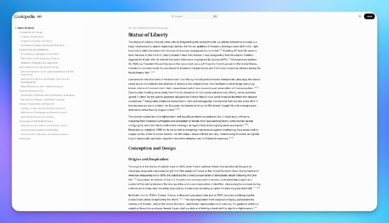 马斯克发布了对标维基百科的网站 Grokipedia #ai创造营#所有的内容都用 Grok 做了事实核查，说人话就是把维基百科用 Grok 把内容洗了一遍不过网页设计很排版不错，阅读体验比维基百科强目前中文搜索体验很差，还是需要用英文，而且很多内容没图片