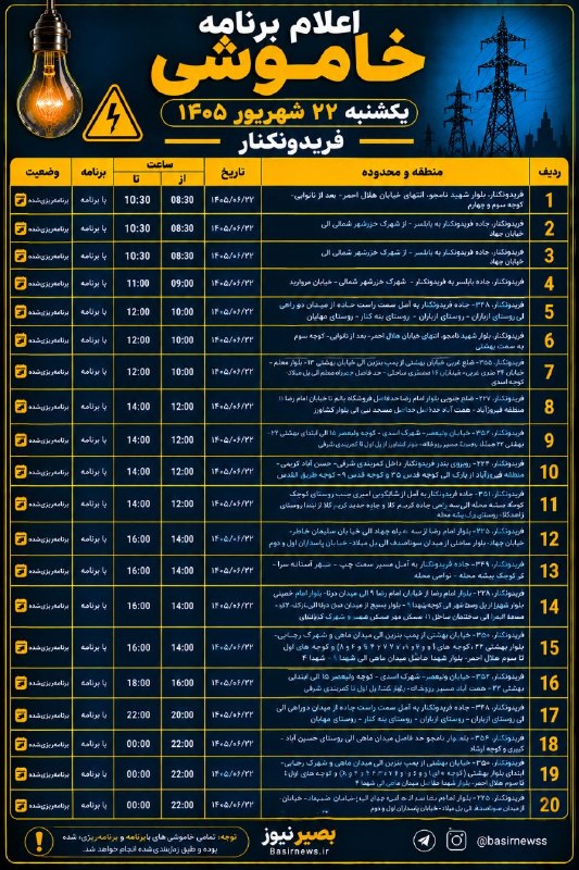 بصیرنیوز: 🔌 اعلام برنامه خاموشی یکشنبه ۲۲ شهریور ۱۴۰۵ فریدونکنار#بصیرنیوز 👉 @basirnewss