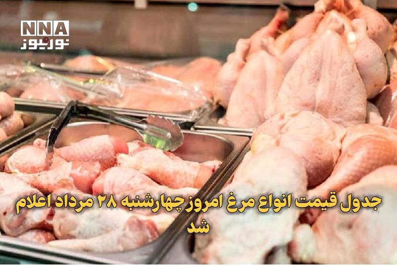 نورنیوز: ✅ جدول قیمت انواع مرغ امروز چهارشنبه ۲۸ مرداد اعلام شد🔹 قیمت مرغ، ران و سینه مرغ امروز نسبت به روز گذشته با تغییرات کمی