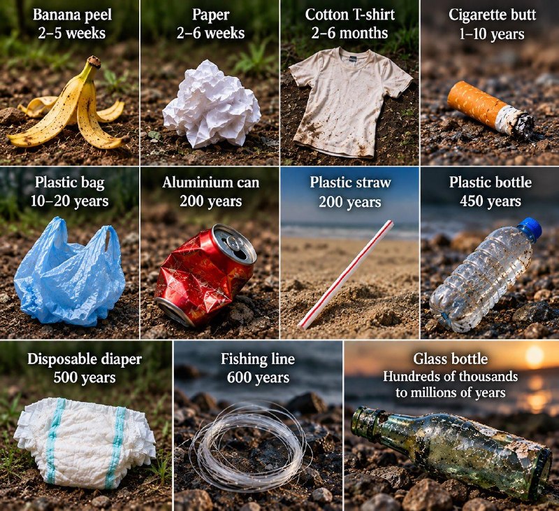 How long things actually take to disappear.Some everyday items break down in weeks, while others can remain in the environment for centuries.