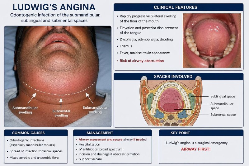 Nutrident🍏🦷/نوتریدنت: Ludwig’s angina یک عفونت منتشر و بالقوه خطرناک فضاهای:SubmandibularSublingualSubmentalاست.🔑 نکته طلایی: Bilateral floor-