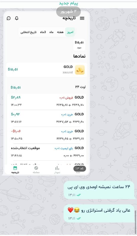 FX GOLD | سیگنال انس طلا: یکی از اعضای VIP دیروز عضو شده تو 24 ساعت استراتژی رو یاد گرفته همین امروز تا الان 15$ معادل 3 میلیون تومن عین آب خوردن 
