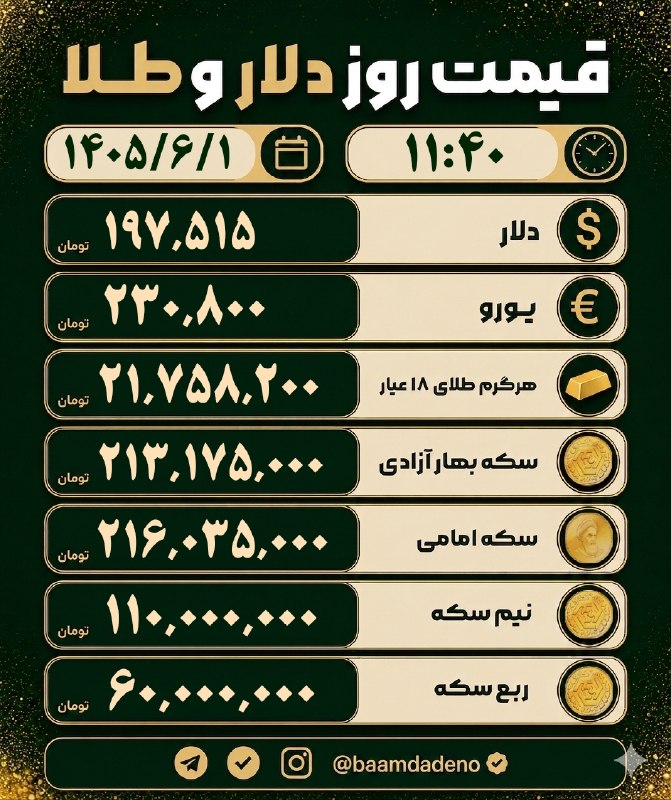 اخبار کلاله: 📸 قیمت طلا، سکه، دلار، امروز یکشنبه ۱ شهریور ۱۴۰۵🔸 هرگرم طلای ۱۸عیار: ۲۱,۷۵۸,۲۰۰🔸 جهش ۸میلیون تومانی سکه امامی 📡 @kalale