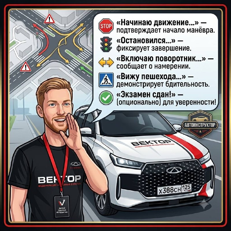 Стиль вождения🏎️: На экзамене мы обязаны проговаривать некоторые моменты и спрашивать разрешение на выполнение определенных маневров у инс