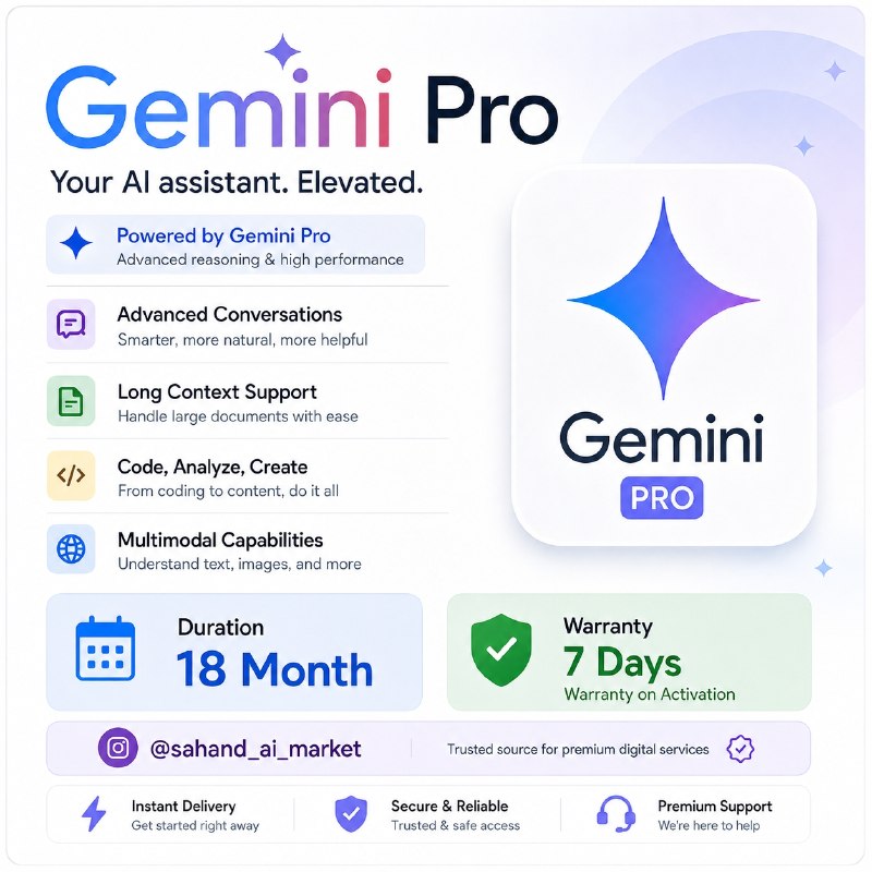 دانشگاه صنعتی اصفهان: اکانت Gemini Pro با دسترسی کامل به فیچرهای پلن پرو با وارانتی ۷ روزه ✨ امکانات این پلن:🔹 امکان اضافه کردن ۵ نفر به پلن🔹