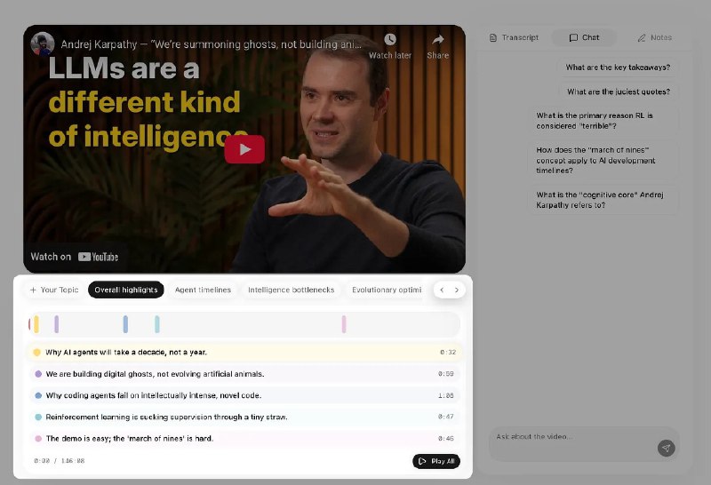 世界上最好的知识、信息、播客都在 YouTube但是 YouTube 视频最大的问题是，它真的太长了，动辄一个小时我想看的部分，可能就只有一部分而已用 AI 总结也无法获得我想要的部分解决这个问题的办法有两个，第一个方法是把 YouTube 链接输入到 ListenHub，并且用提示词引导 AI 做一期 10 分钟的播客路上听（ListenHub 对 Youtube 做了特别优化 btw）第二个方法是最近新发现的新产品叫 TLDW（ 太长没看完）它的核心功能叫精彩片段