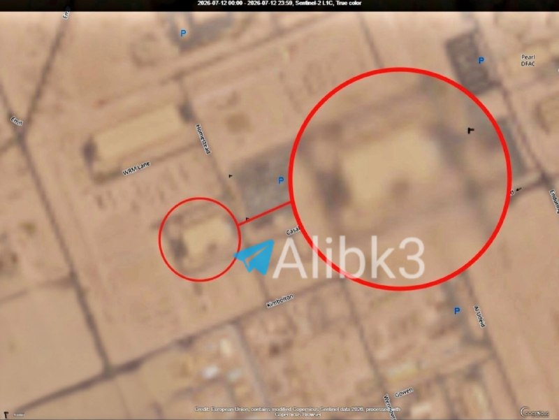 תמונת לוויין משופרת מדגישה נזק לחלק האחורי העליון של האנגר בבסיס האוויר אל אודייד בקטאר.