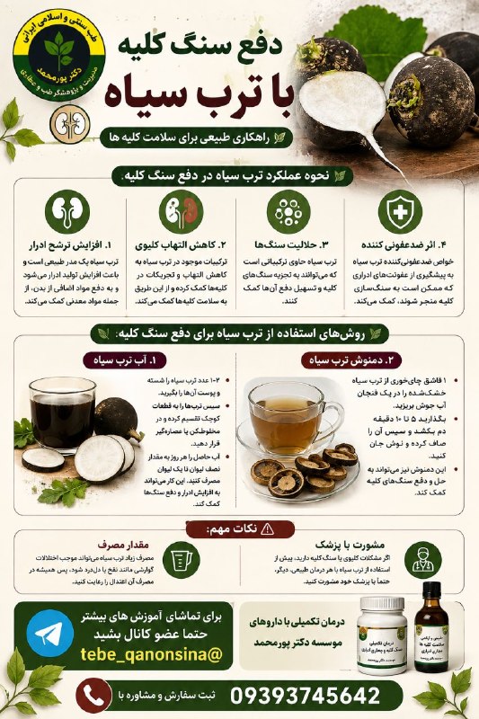 دیسک کمروگردن.ناباروری ونازایی.سرطان وMS.دیابت اعصاب وروان.اختلالات جنسی: ⚫️ #دفع #سنگ #کلیه با ترب سیاه ❌نحوه عملکرد ترب سیاه در دفع سنگ کلیه:1. افزایش ترشح ادرار: ترب سیاه به عنوان یک مدر طبیع