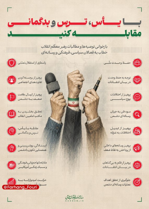 فرهنگ فوری💡: با یأس، ترس و بدگمانی مقابله کنید🔹بازخوانی توصیهها و مطالبات رهبر معظم انقلاب خطاب به فعالان سیاسی، فرهنگی و رسانهای.🔹