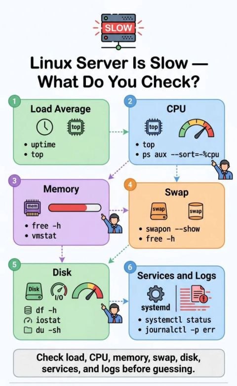 linuxtnt(linux tips and tricks): #ببین_و_نترسوقتی سرور لینوکسی کند میشود، از کجا شروع کنیم؟❌ حدس نزن.✅ لایهها را چک کن:بار پردازشی: uptime، top، ps aux