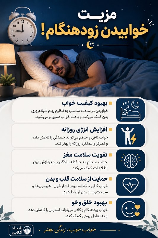 تربت جام آنلاین: مزیت خوابیدن زودهنگام!◽️بهبود کیفیت خوابخوابیدن در ساعت مناسب به تنظیم ریتم شبانهروزی بدن کمک میکند و باعث خواب عمیقت