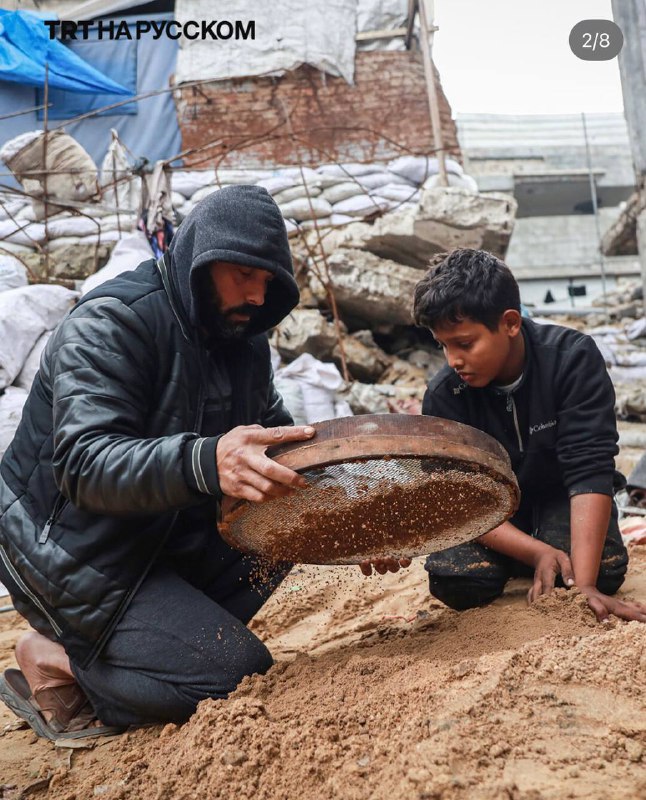 45-летний палестинец Хамад с помощью лопаты, кирки и сита в течение уже 160 дней пытается собрать кости своих родственников. Его жена и шестеро детей п фото