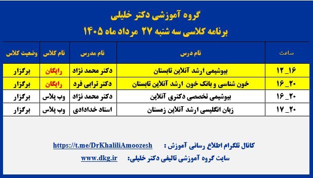 گروه آموزشی تألیفی دکترخلیلی(اصفهان): 🟧لینک ورود به جلسه دوم و رایگان 🟧🟦 📆 سه شنبه 27 مرداد ماه 1405 🔰لینک کلاس بیوشیمی ارشد آنلاین تابستان دکتر محمد نژاد ساع