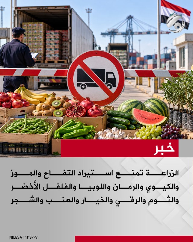 الزراعة تمنع استيراد التفاح والموز والكيوي والرمان واللوبيا والفلفل الأخضر والثوم والرقي والخيار والعنب والشجر