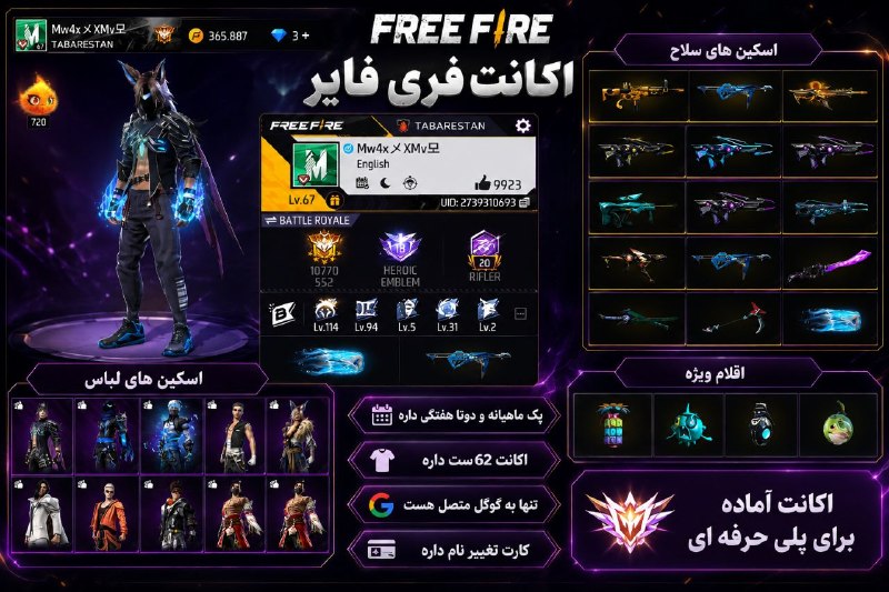 دنیای اکانت فری فایر freefire: 1️⃣ کد : 37232💪 لول اکانت : 67🌍 سرور: خاورمیانه💰 قیمت : 400000🔫 دارایی اکانت : ست زیاد داره اسکین گاناش کنه اسکین مشت دا