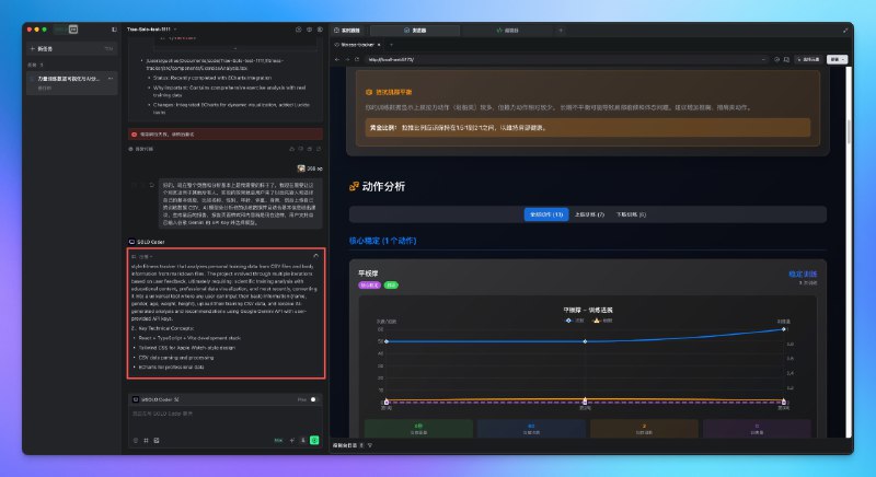 体验了一下 TRAE 新的 SOLO Coder Agent，用它做了一个相当复杂的项目AI 可以帮你分析你的力量训练数据，给出非常详细且直观的训练报告，我教练看得都震惊了打破了我以前的认知，规划能力和多次修改的稳定性很突出