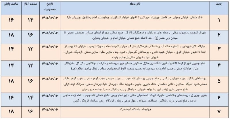 سلام بر زرنه Zarneh ⁃🔕: 🎓 اطلاعیه قطعی برق شهرستان ایوان ♦️ ۶شهریور ۱۴۰۵📞-🔻 @salam_bar_zarneh