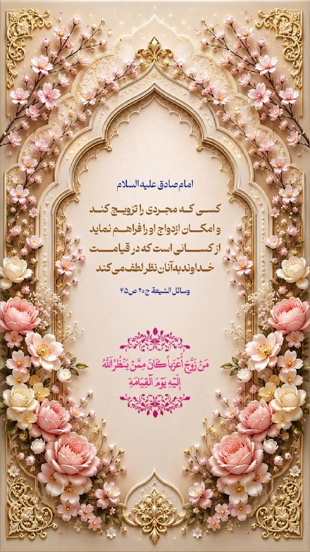 IAURASHT: 💠امام صادق عليه السلام 🔹مَنْ زَوَّجَ أَعْزَباً كَانَ مِمَّنْ يَنْظُرُ اَللَّهُ إِلَيْهِ يَوْمَ اَلْقِيَامَةِ 🔸كسى كه مجر