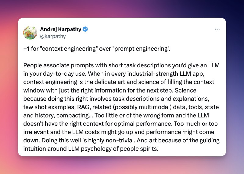 聊一下最近圈子热议的话题#ai创造营#Shopify CEO 和Andrej Karpathy 都同意的观点：提示工程的名称是否应该改为上下文工程主要包括：- 各路大神的观点- 为什么上下文工程如此重要- 上下文工程的三大策略- 其他实践经验与建议这里发一下文章的总结近期AI圈热议“提示工程”是否应更名为“上下文工程”，因为后者更准确地描述了为大模型（LLM）提供任务所需全部信息的工作