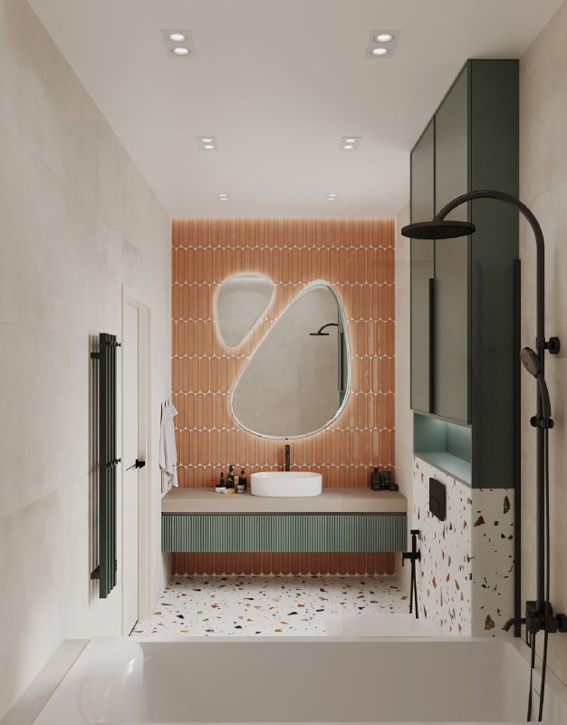 Тёплая ванная с терракотовыми акцентами и гардеробная завершают наш проект домвсочи Уютная ванная с яркой акцентной стеной из терракотовой плитки и... - изображение 3 - ванная, зеркалом, плавающая