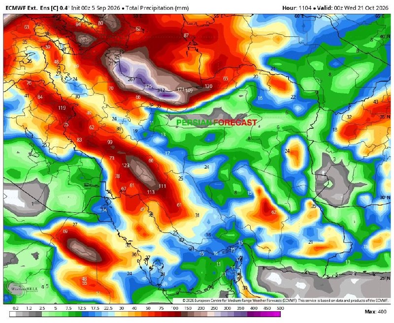 زمینی ها: #پیش_آگاهیپیش بینی بارش تا ۲۸ مهر مدل ECMWF Extra Ensemble Control @iranihayezamin 🛰