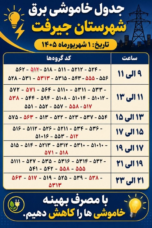 کانال خبری کنارصندل: 📌 جدول خاموشی برق شهرستان جیرفت،یکشنبه ۱ شهریورماه ۱۴۰۵🔻جدول زمانبندی خاموشی برق شهرستان جیرفت برای روز یکشنبه ۱ شهریور