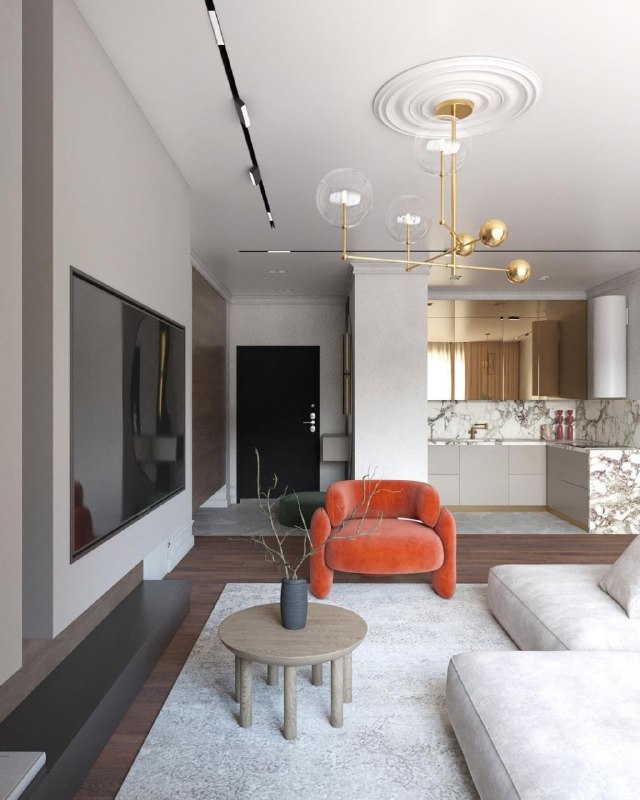 Интерьер небольшой кухни-гостиной выполнен в стильном современном стиле. Центральное место в интерьере занимает роскошная кухня с золотыми зеркальн... - изображение 2 - интерьер, небольшой, кухни