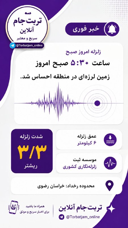 تربت‌ جام آنلاین: ❌ زمین‌لرزه ۳.۳ ریشتری تربت‌جام💢 تیم‌های هلال‌احمر برای ارزیابی اعزام شدند💢 محسن مه‌آبادی، فرماندار شهرستان تربت‌جام، از