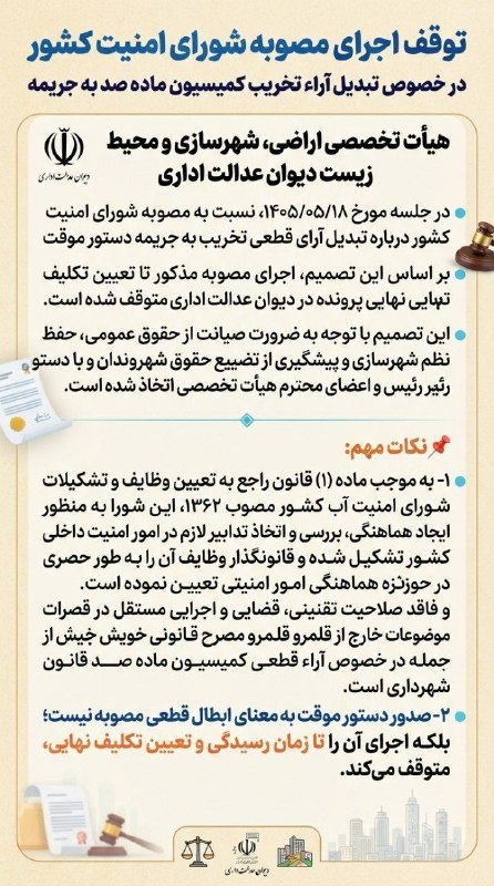 بانک آرای دعاوی دیوان عدالت اداری: 💠توقف اجرای مصوبه شورای امنیت کشور در خصوص تبدیل آراء تخریب کمیسیون ماده صد به جریمه◀️هیأت تخصصی اراضی، شهرسازی و محیط ز