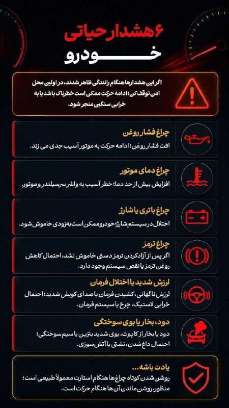 شاره‌که‌م دیوانده‌ره(کانال دیواندره): 🔺۶ هشدار حیاتی خودرو | اگر این هشدارها هنگام رانندگی ظاهر شدند، در اولین محل امن توقف کن؛ ادامه حرکت ممکن است خطرناک باش