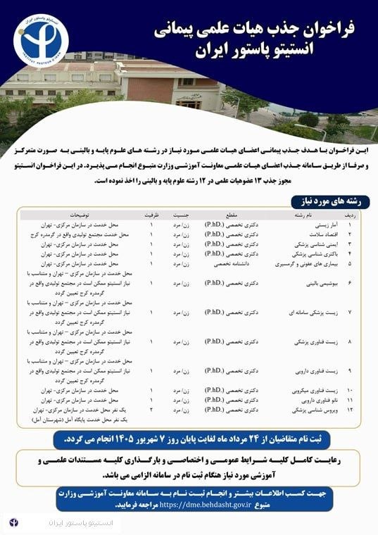 مفدا: ⭕️بیست و دومین فراخوان جذب هیات علمی وزارت بهداشت/ جذب هیات علمی پیمانی انستیتو پاستور ایران👈ثبت نام متقاضیان از 24 مرد