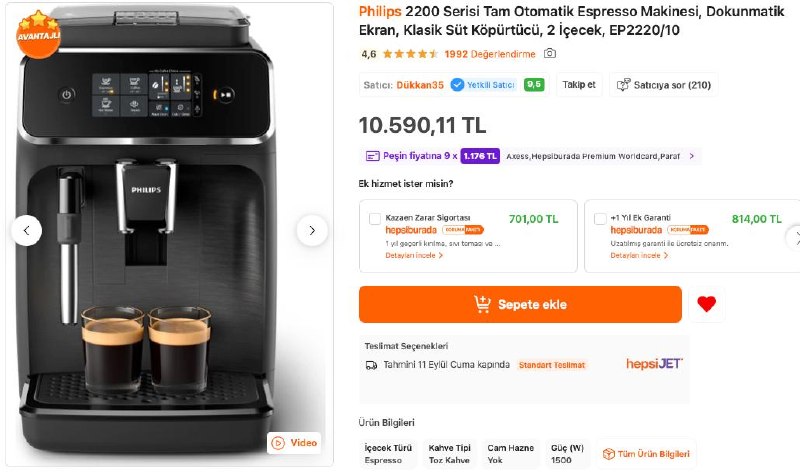 Philips 2200 Serisi Tam Otomatik Espresso Makinesi, Dokunmatik Ekran, Klasik Süt Köpürtücü…