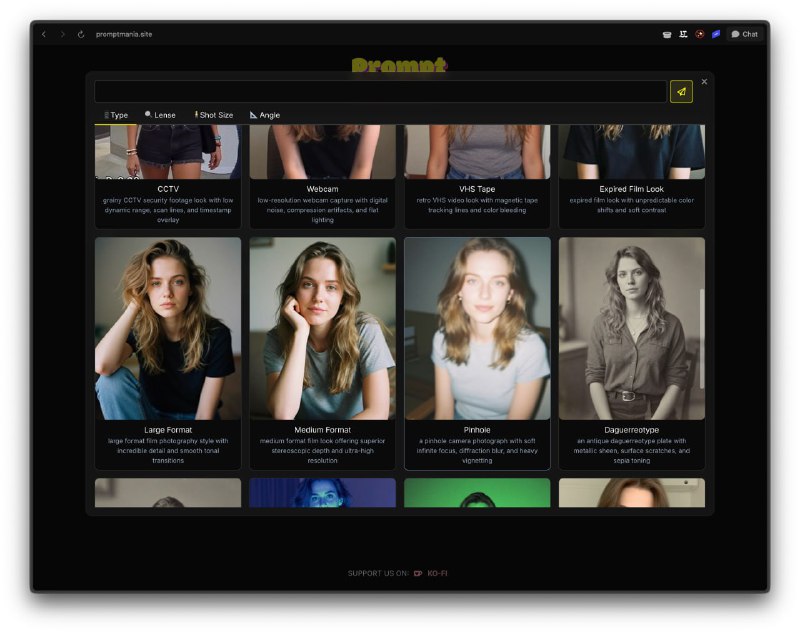 Let’s create images like an experienced prompt engineer: we found the website Prompt Mania with ready-made instructions for any shot.Inside, there are examples of prompts for different styles, cameras, lighting, interiors, and much more. You can use these to assemble a large and precise prompt for fine-tuning a scene.Get it for free here.