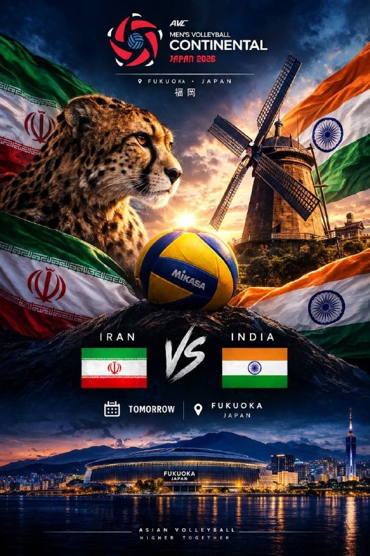 مگا والیبال | والیبال قهرمانی آسیا: 🌐 پخش زنده اینترنتی مسابقات قهرمانی آسیا 2026 ‌ ایران 🇮🇷 🆚 🇮🇳 هند04:30آنتن ، آپارات اسپورت ، شبکه سه سیما ‌ قطر 🇶🇦 🆚 🇹🇼 