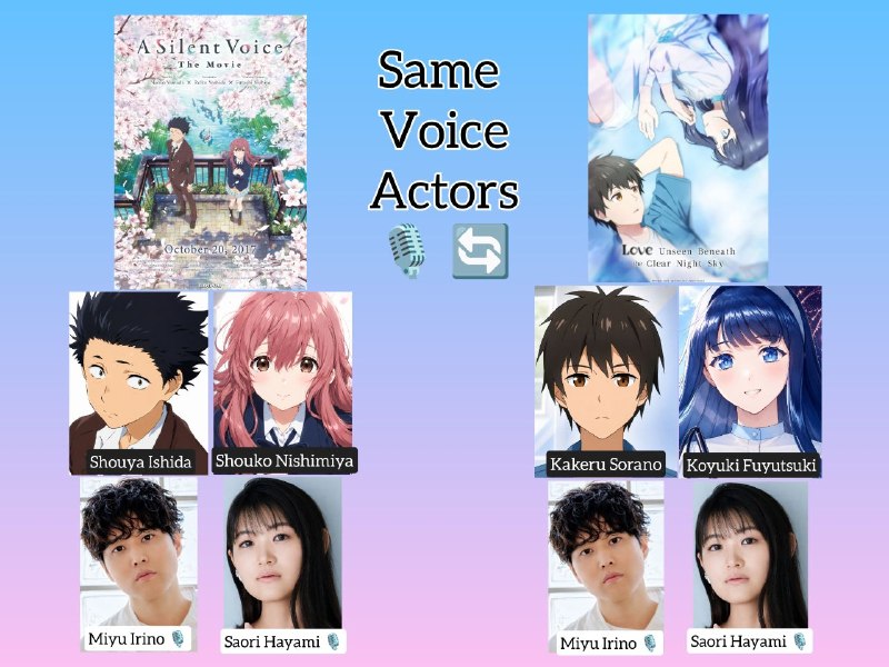 🐉~~AnimeCity~~🐉: ​🎙️✨ آیا می‌دونستید صداپیشه‌های انیمه جدید Love Unseen Beneath the Clear Night Sky همون گوینده‌های A Silent Voice هستن؟​