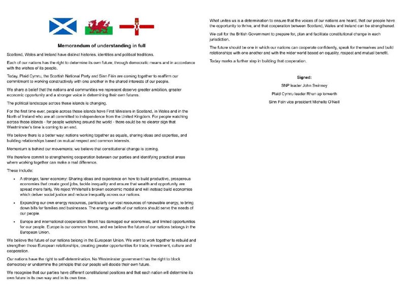 اخبار جنگ ایران امریکا: 🏴󠁧󠁢󠁳󠁣󠁴󠁿🏴󠁧󠁢󠁷󠁬󠁳󠁿🇮🇪🇬🇧 — رهبران SNP، Plaid Cymru و شین فین با امضای بیانیه‌ای مشترک خواستار تغییر قانون اساسی شدند و اعلام ک
