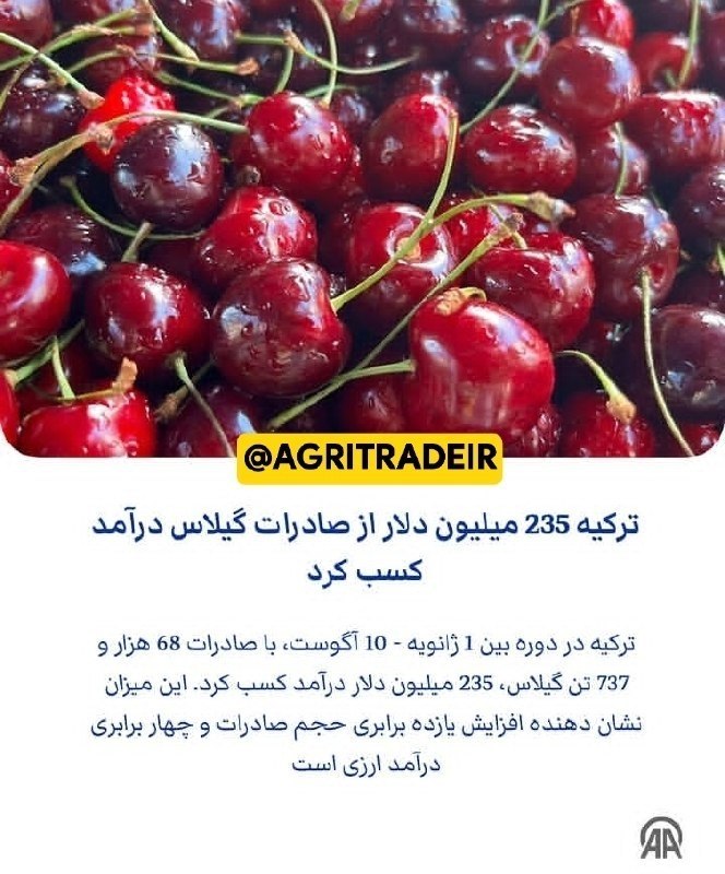 روزنامه سپهرغرب: ⭕️ترکیه ۲۳۵میلیون دلار از صادرات گیلاس درآمد کسب کرد@sepehrgharb
