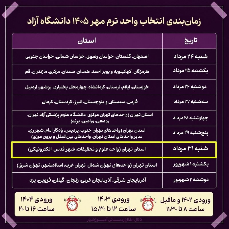 توییت علوم تحقیقات: 💠 فردا، ادامه #انتخاب_واحد ترم مهر ۱۴۰۵ در سایر واحدهای استان #تهران🗓 شنبه ۳۱ مرداد🔹استان تهران (واحد علوم و تحقیقات، شه