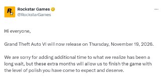 Релиз GTA VI перенесли на 19 ноября 2026 года.«Эти дополнительные месяцы позволят нам доработать игру до того уровня, которого вы ожидаете и который заслуживаете», —  говорится в заявлении Rockstar Games.Ранее сообщалось, что игра выйдет 26 мая 2026 года.