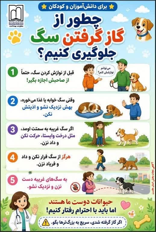 دانشگاه علوم پزشکی اردبیل: 🔺 حدود نیمی از موارد حیوان گزیدگی را جمعیت زیر 15 سال تشکیل می دهند. ✅ به کودکان و دانش آموزان راه صحیح پیشگیری از حیوان