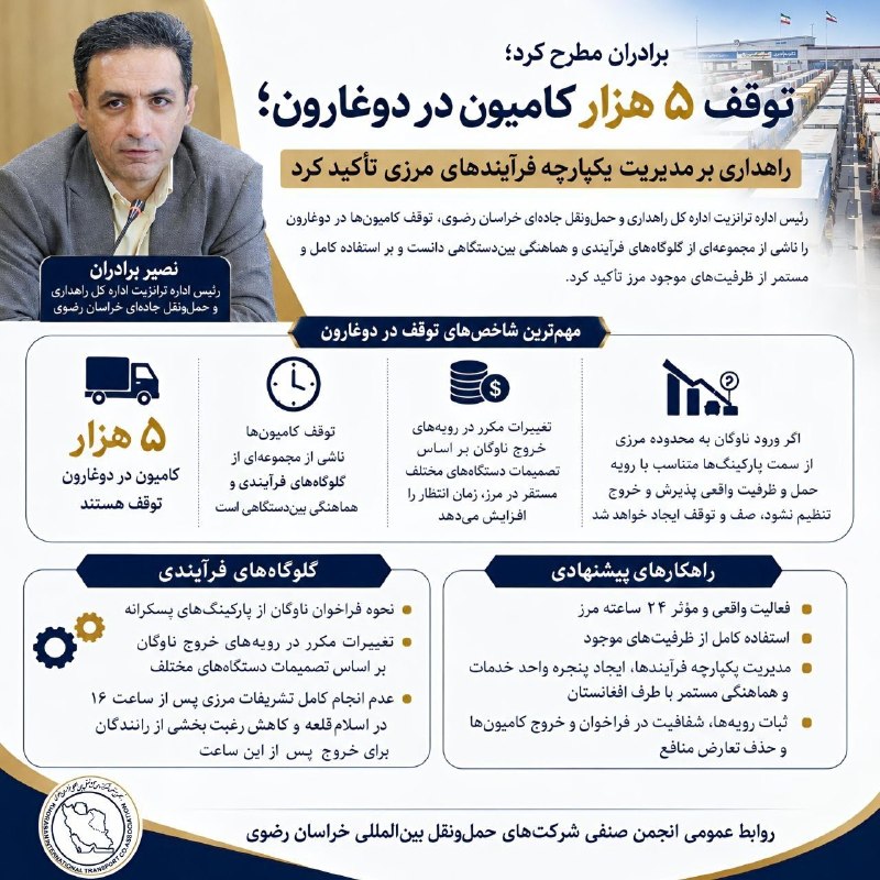 ترابرد؛کانال تخصصی ترانزیت: 📌توقف ۵ هزار کامیون در دوغارون؛ زنگ هشدار برای مدیریت فرآیندهای مرزی🔄 راهداری بر مدیریت یکپارچه فرآیندها و هماهنگی میان 