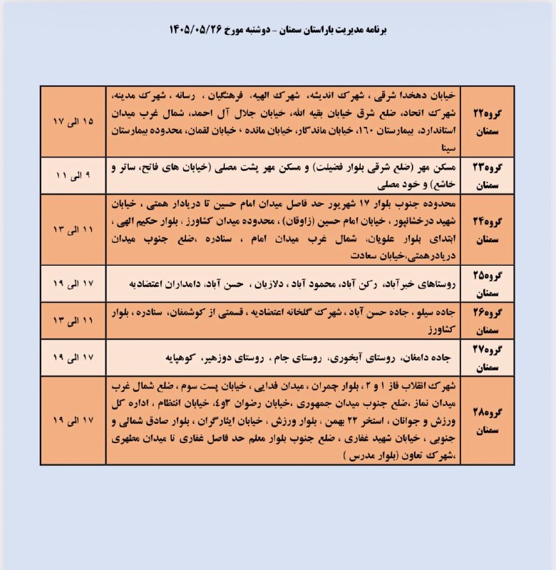 کانال تلگرام سمنان: خاموشی (قطعی برق) برنامه مدیریت بار دوشنبه ۲۶ مرداد ماه شهرستان سمنانخاموشی (قطعی برق) برنامه مدیریت بار دوشنبه ۲۶ مرداد