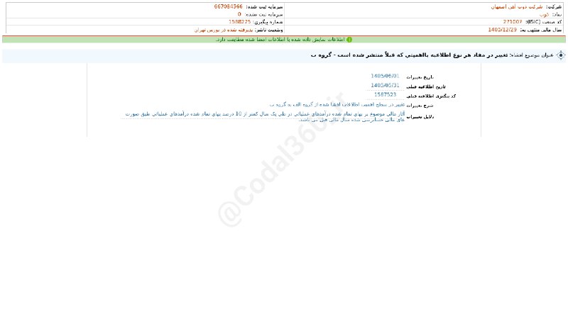 کدال۳۶۰: #ذوب#افشای_اطلاعات_بااهمیت - (تغییر در مفاد هر نوع اطلاعیه بااهمیتی که قبلاً منتشر شده است - گروه ب) منتهی به سال مالی 1